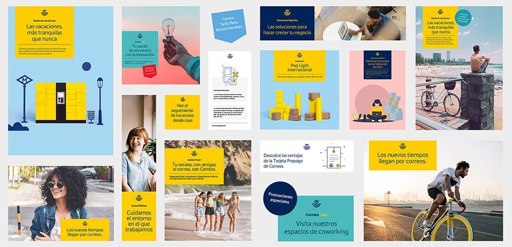 Ejemplos de uso de la nueva etiqueta de Correos en distintos elementos publicitarios.